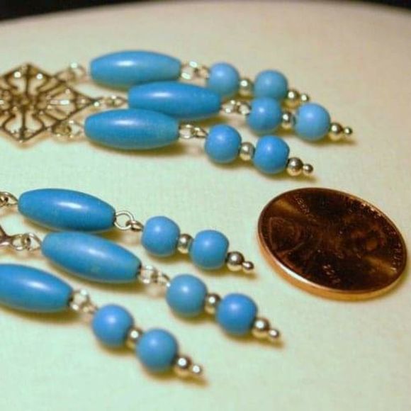 Handmade Blue Chalk Turquoise Sterling Silver Chandelier Dangle Post Earrings - Picture 2 of 5